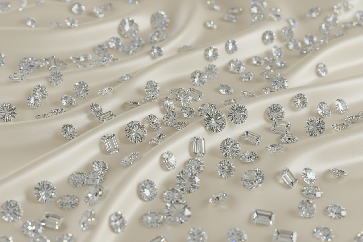 diamonds cascading over cream color satin differnt shapes of diamonds