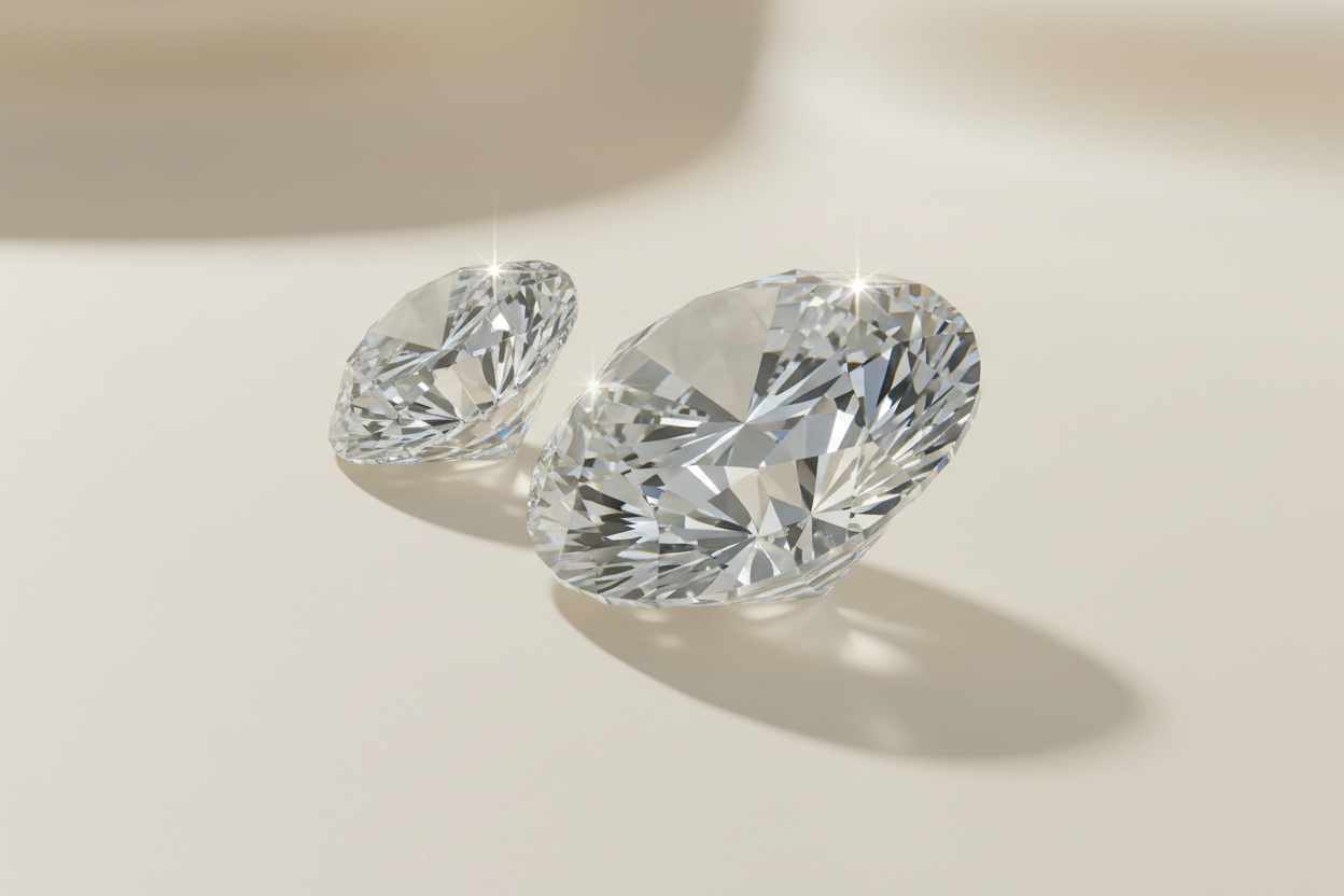 two clear diamonds with a cream color b